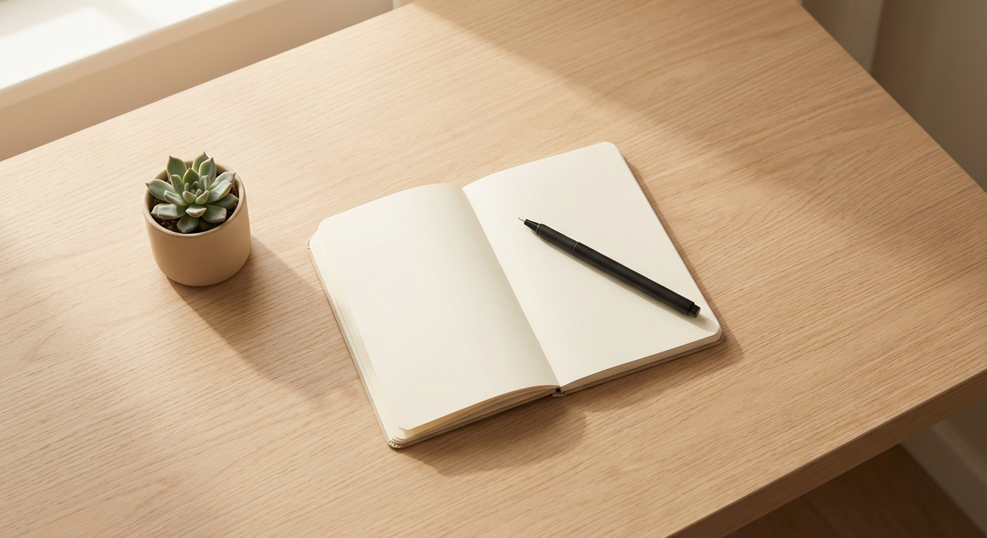 A person looking enthusiastic at a new desk in a bright office, fresh start energy.